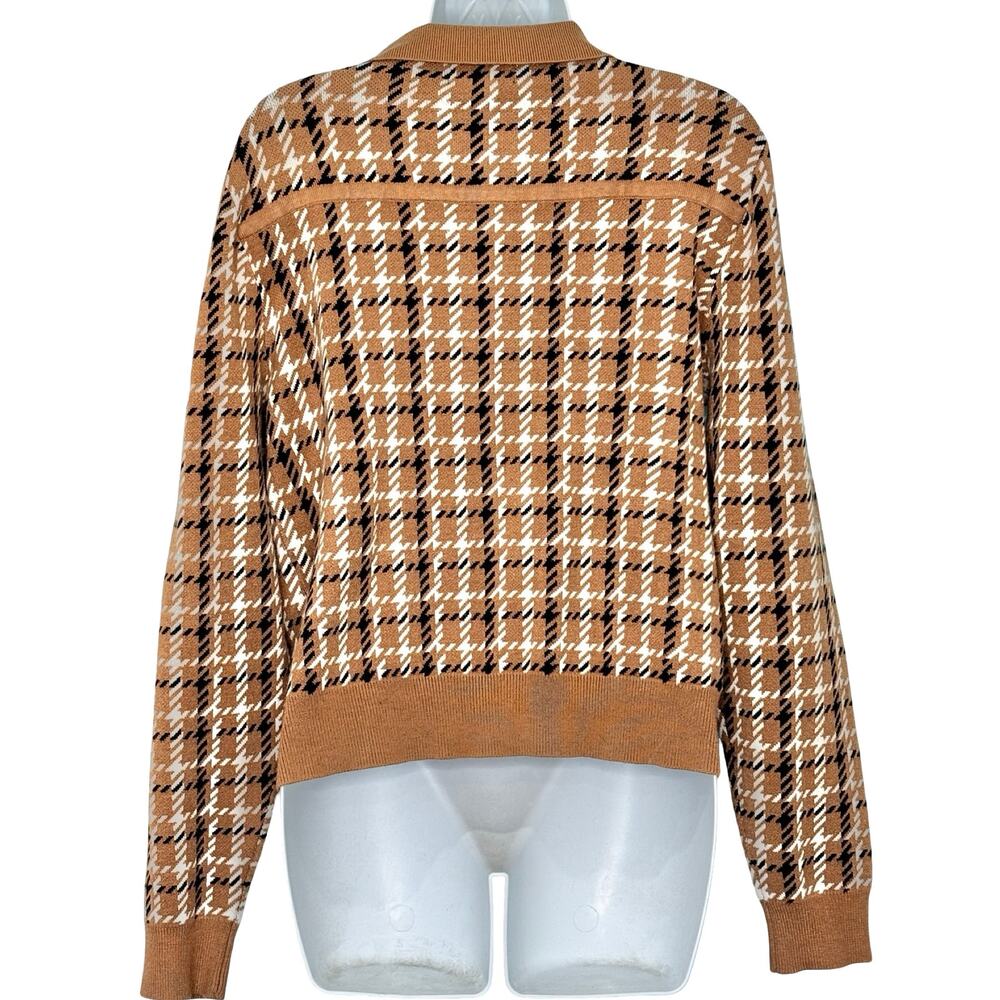 Rachel Zoe Tan Brown White Black Plaid Zip Up Collared Cardigan Sweater size L - Picture 5 of 6